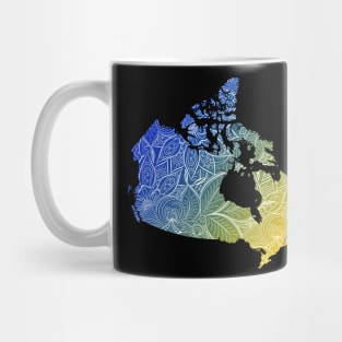 Colorful mandala art map of Canada with text in blue and yellow Mug